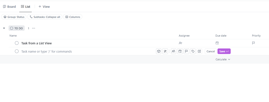 Create a task directly in the List View