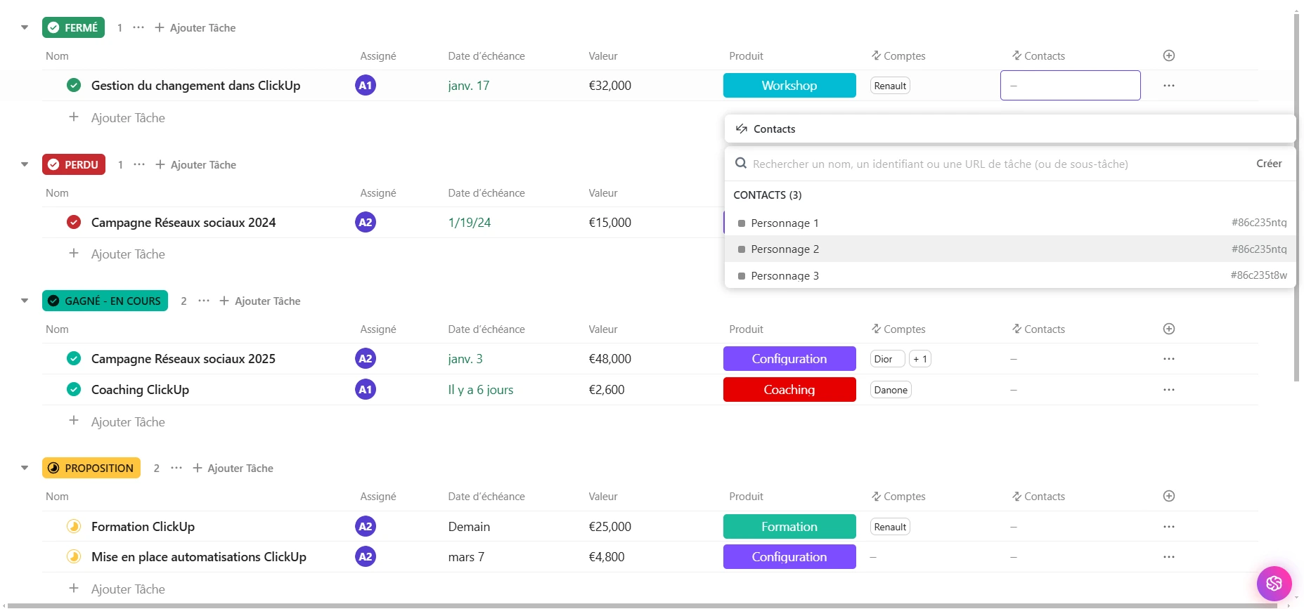 Vue liste d'un CRM Commercial