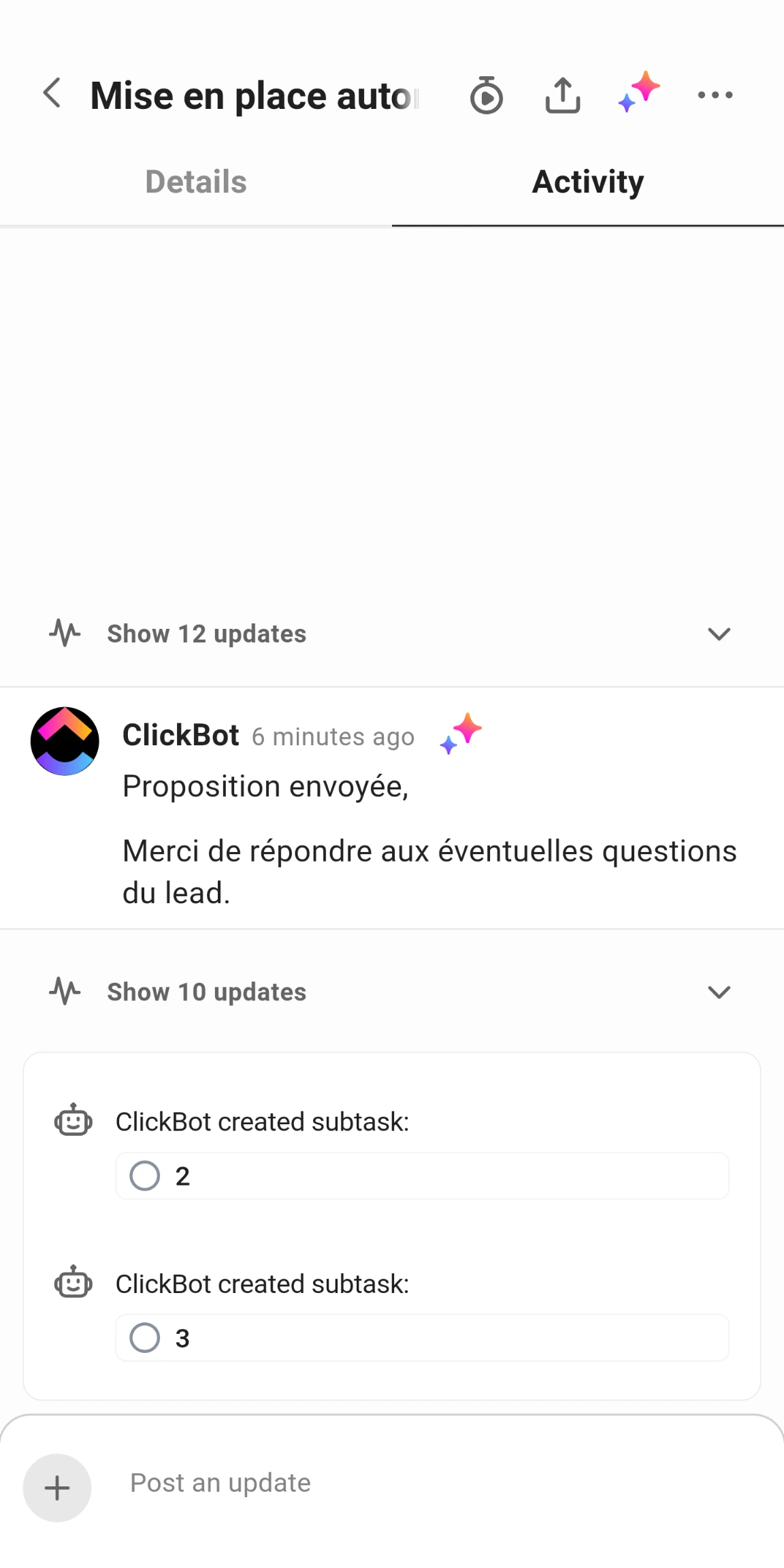 Suivi sur l'application mobile de ClickUp