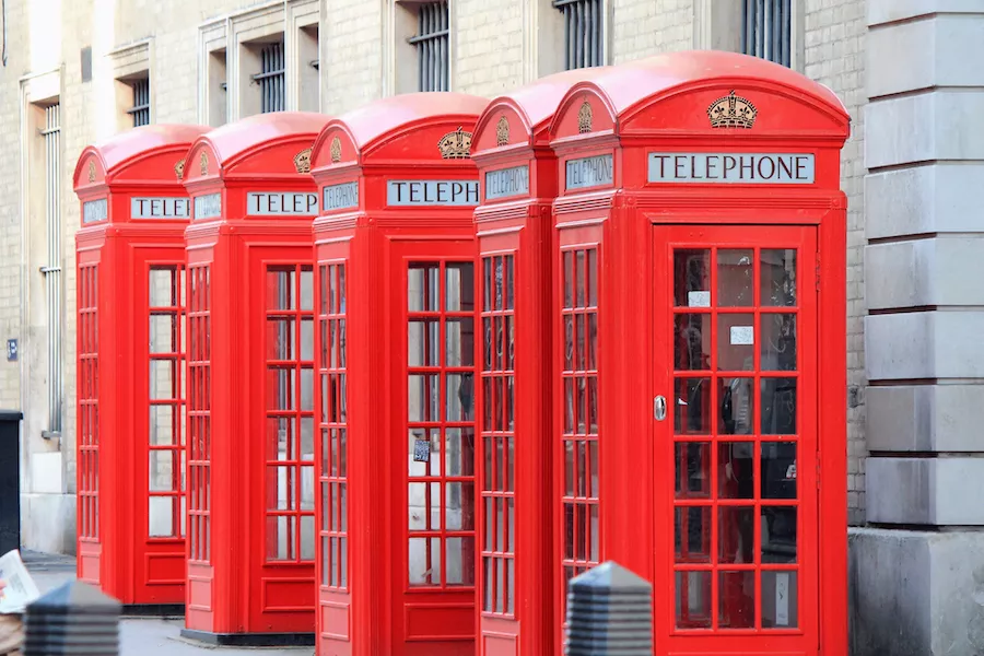 Red telephone boxes in London city center