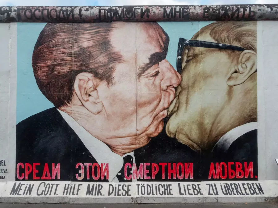 Famous 'Fraternal Kiss' mural at the East Side Gallery in Berlin