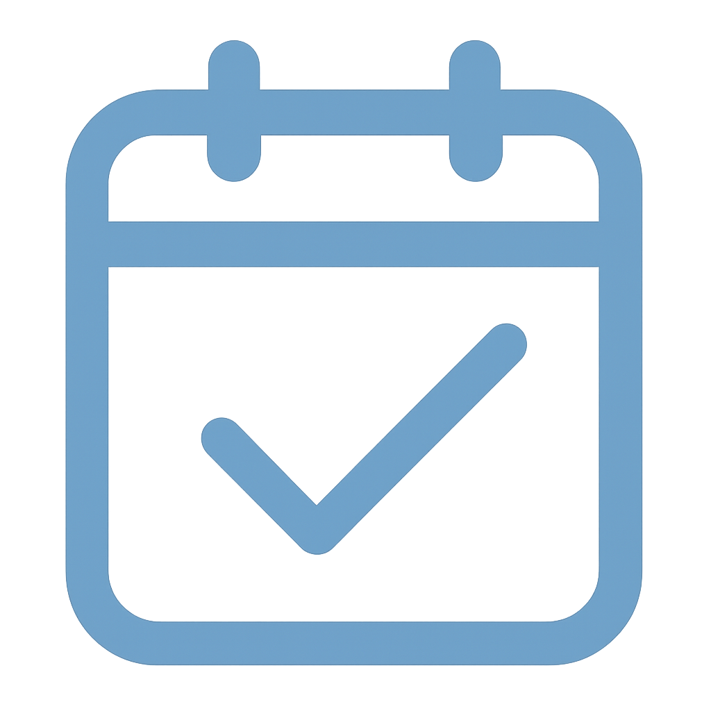 Flat blue calendar icon with a checkmark, representing service scheduling.