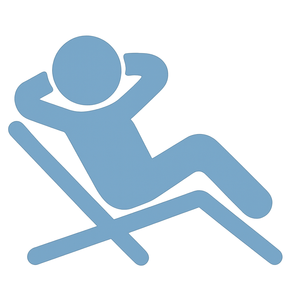 Flat blue icon of a person reclining in a lounge chair, symbolizing relaxation and stress-free service.