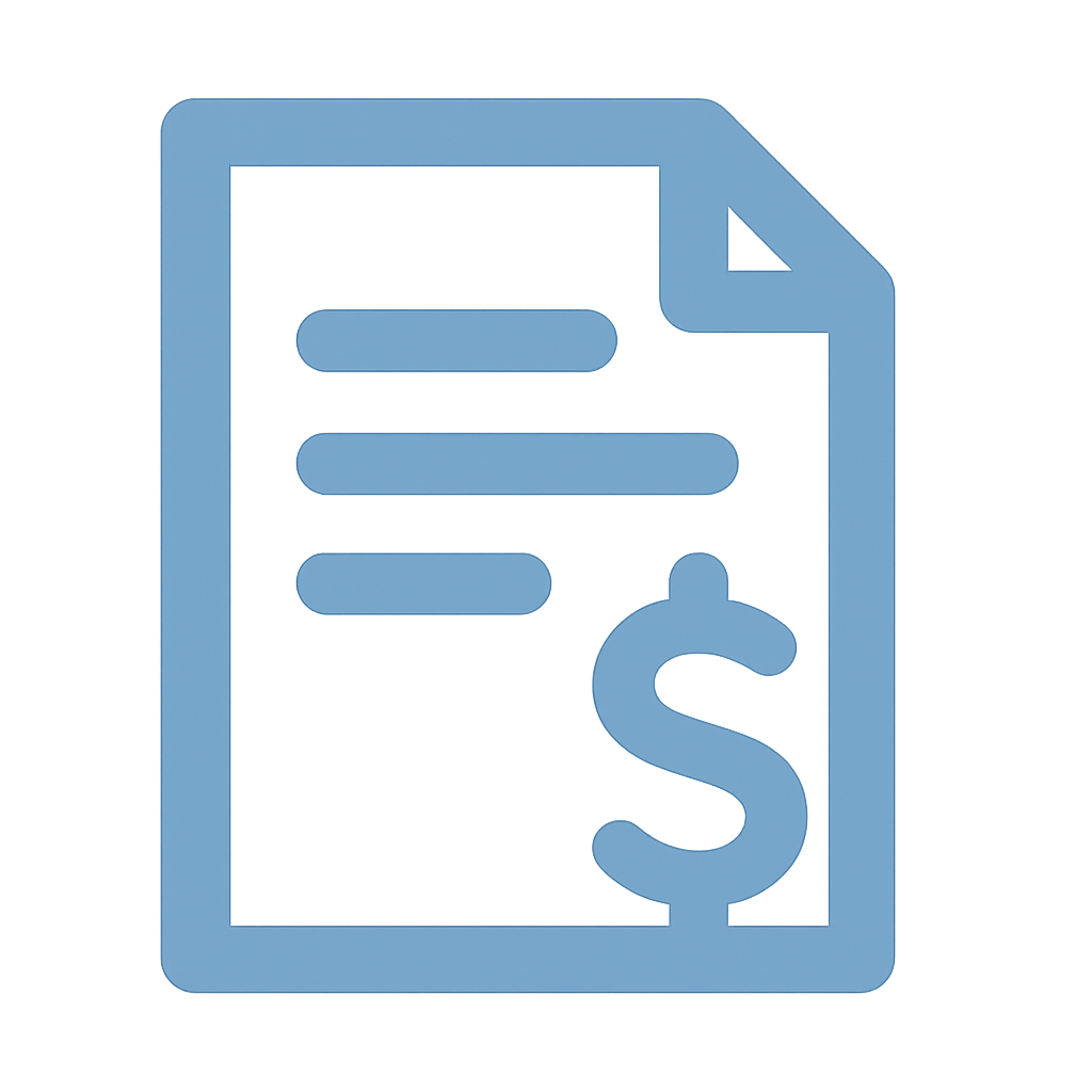 Flat blue icon of a document with a dollar sign, representing a quote or invoice.