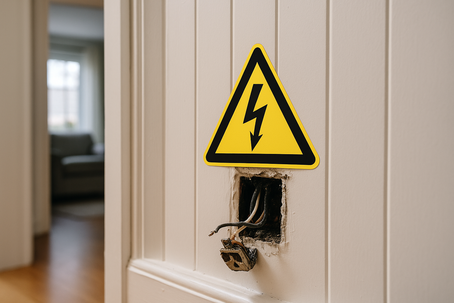 Exposed wiring and warning sign on a wall outlet, highlighting an electrical hazard.