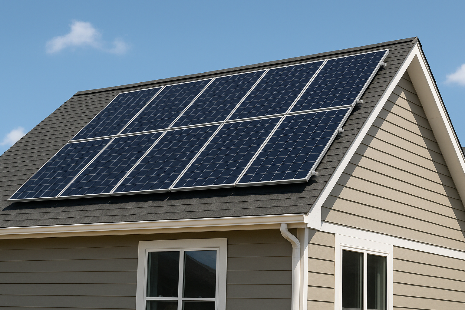 Modern home with solar panels installed on the roof, under a bright blue sky.