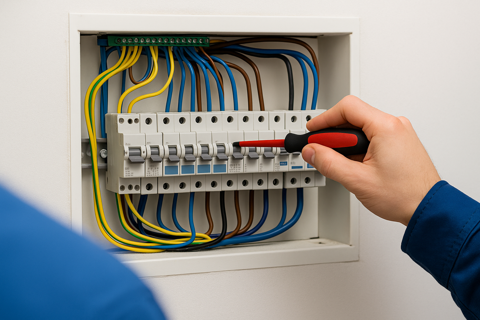 Electrician working with a circuit breaker panel during a switchboard upgrade.