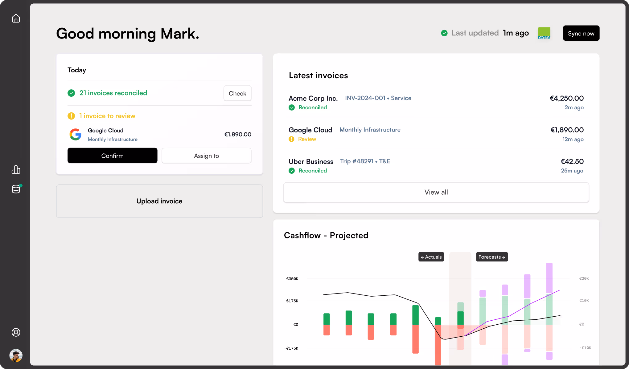 Accounting dashboard showing invoice reconciliation status, latest invoices list, and projected cashflow graph for user Mark.
