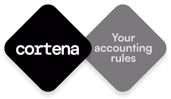 Two diamond-shaped blocks side by side with the left block displaying 'cortena' and the right block displaying 'Your accounting rules'.