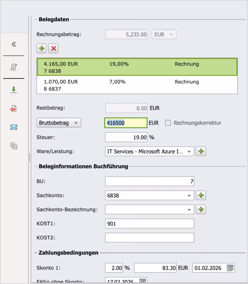 Screenshot of an invoice data entry software showing invoice amount 5,235.00 EUR, tax rates of 19% and 7%, service item IT Services - Microsoft Azure, and payment terms with discount and due dates.