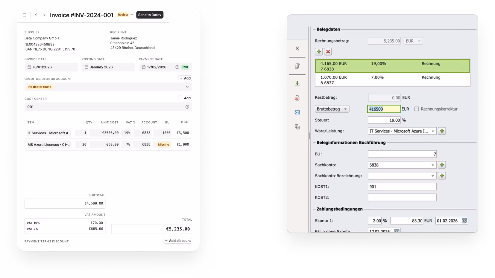 Two side-by-side screenshots show an invoice on the left with supplier, recipient, dates, itemized services, VAT, and total; on the right, a German-language accounting software interface with invoice amounts, tax rates, account details, and payment terms.