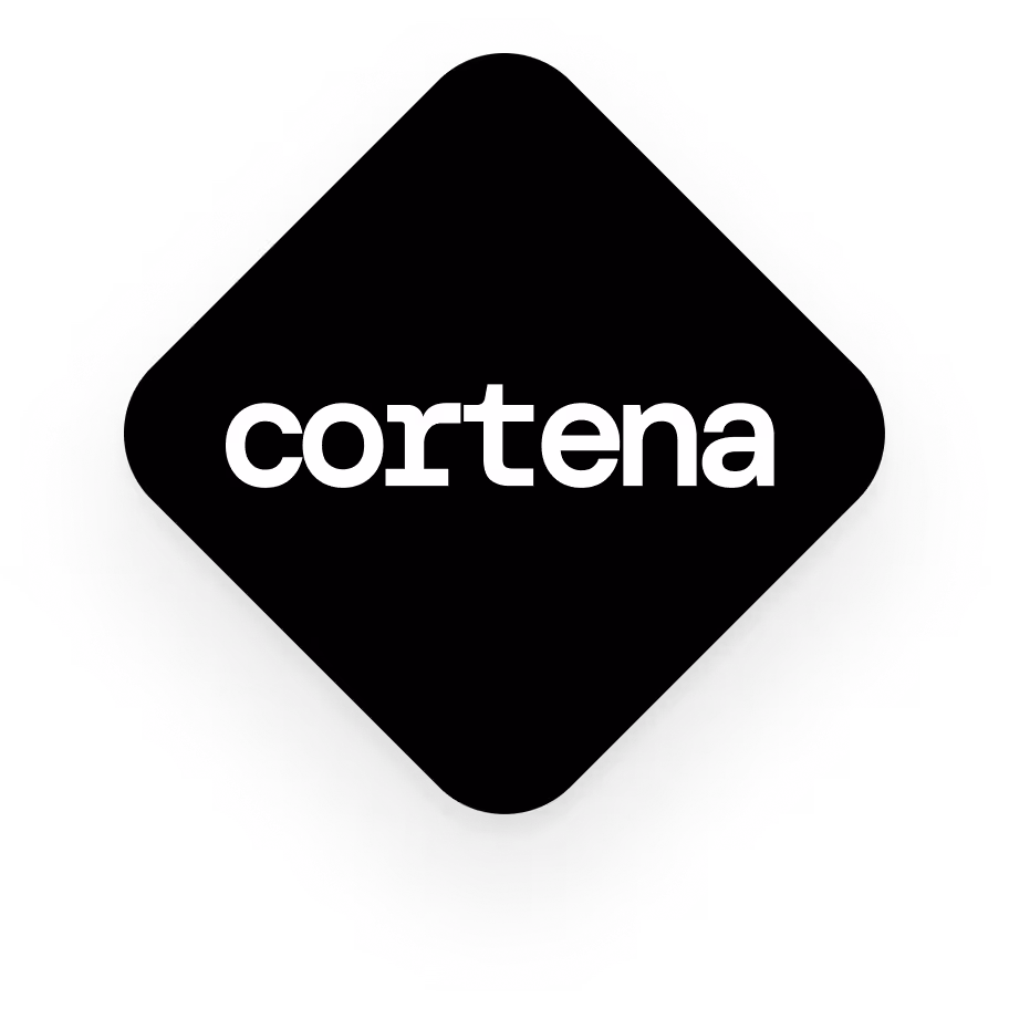 Cortena wordmark logo in white centered within a black diamond shape.