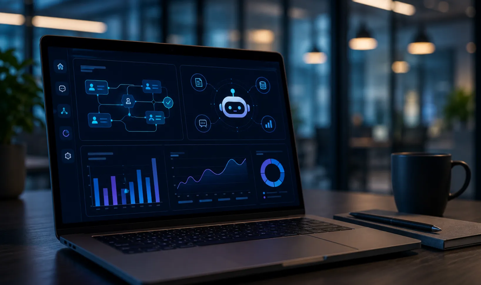 Ordinateur portable affichant une interface d'agent IA avec des tableaux de bord, des flux d'automatisation et des indicateurs de performance dans un environnement de bureau moderne.