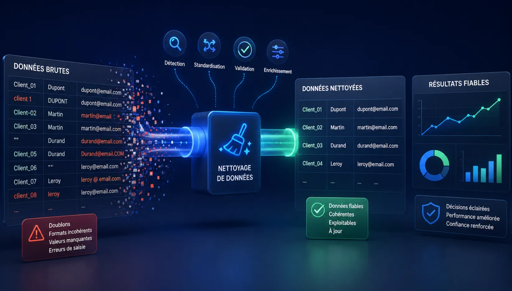 Illustration du nettoyage de données montrant la transformation de données brutes en données fiables grâce à un processus automatisé de détection, de validation et de standardisation.