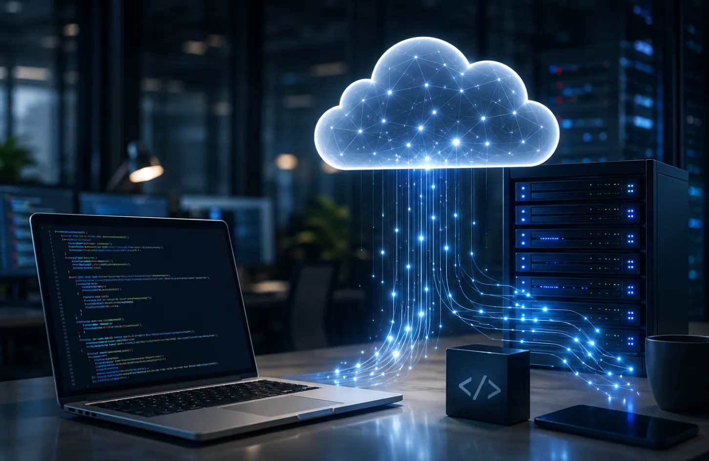 Illustration du cloud computing et du DevOps montrant une infrastructure cloud connectée à des serveurs et à un environnement de développement dans un espace de travail moderne.
