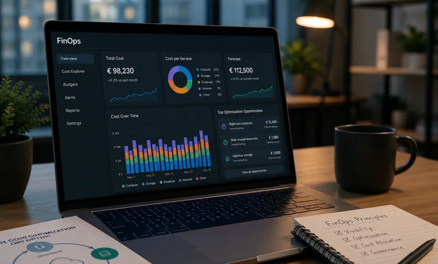 Illustration d'un tableau de bord FinOps permettant de suivre, analyser et optimiser les coûts du cloud dans un environnement de travail moderne.