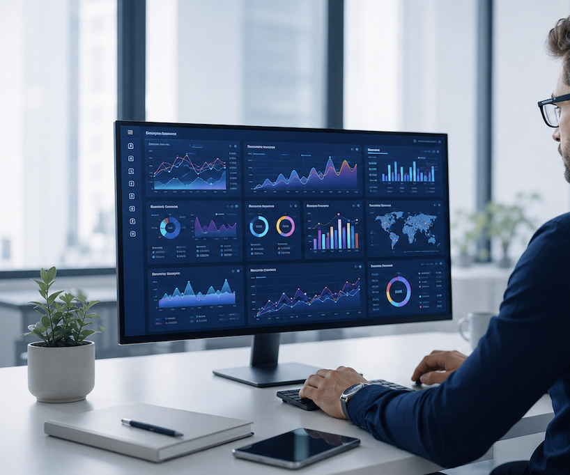 Professionnel vu de dos réalisant un diagnostic Data & IA sur un écran affichant des tableaux de bord, graphiques et analyses de données.