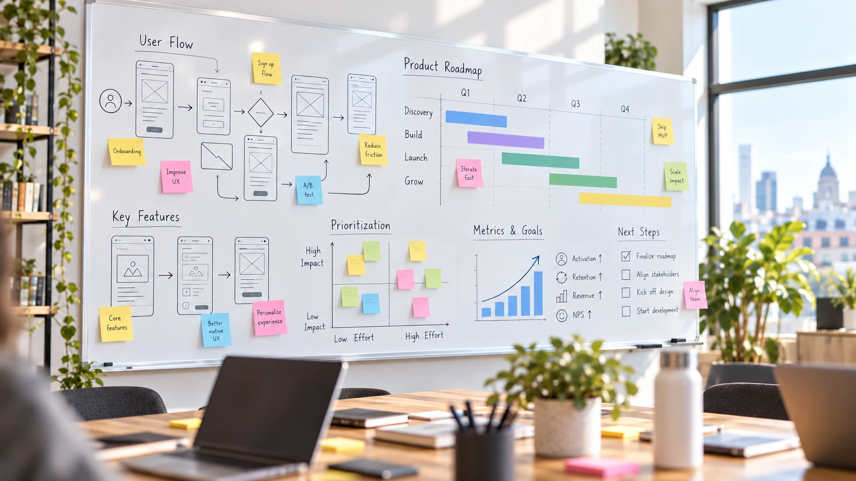 Tableau blanc présentant une roadmap produit, des wireframes UX et des étapes de priorisation dans une agence de product management.