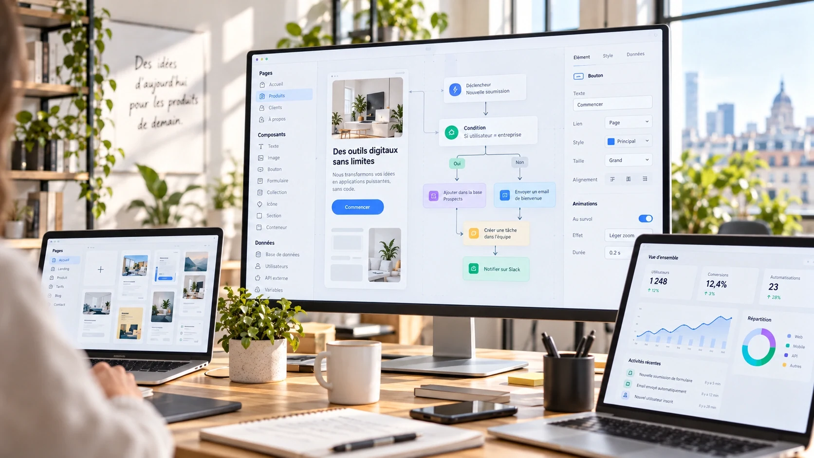 Écrans présentant des interfaces de développement no-code et des workflows d'automatisation dans une agence digitale.