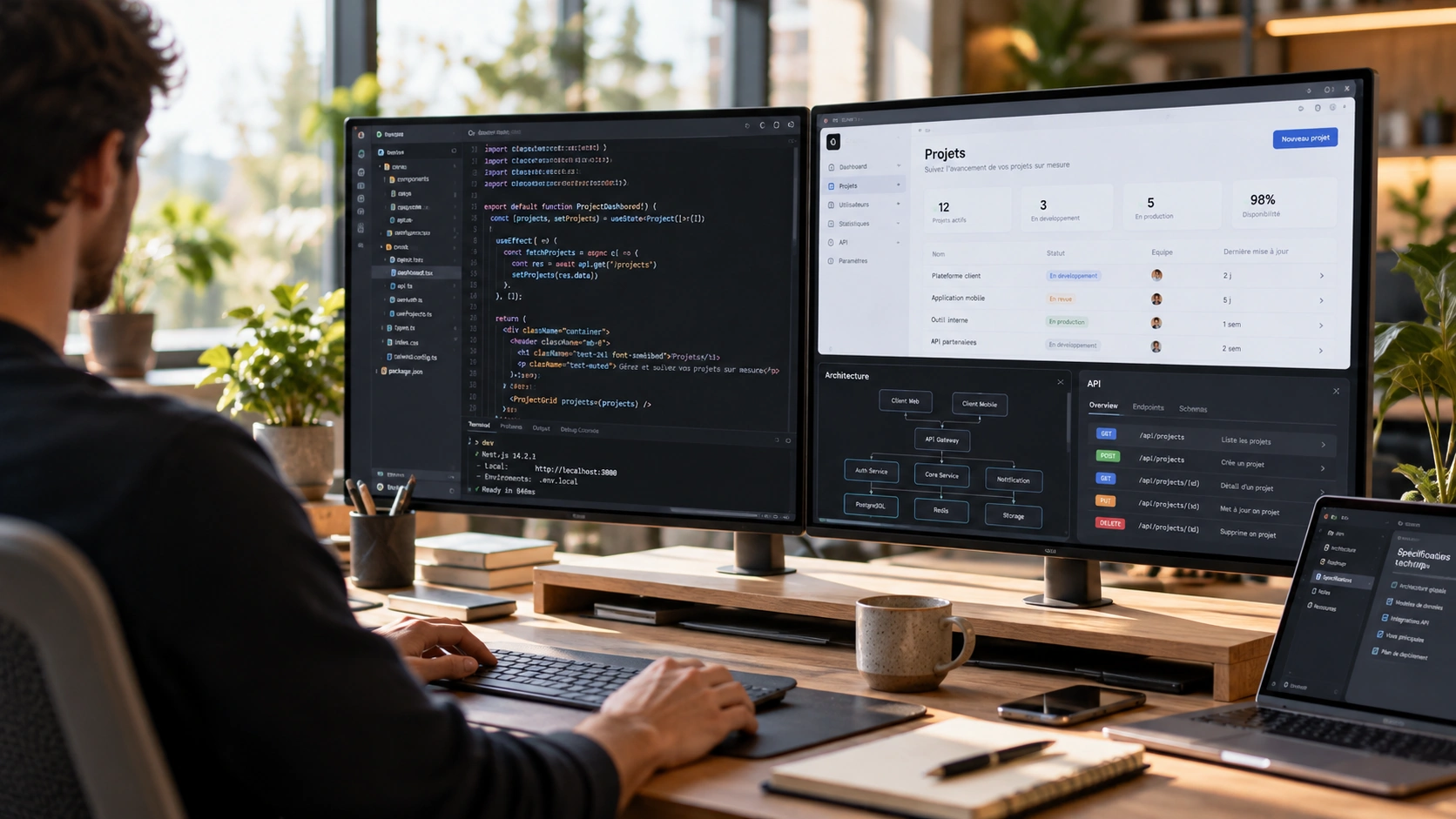 Développeur travaillant sur deux écrans affichant du code informatique, une architecture logicielle et une application web sur mesure.