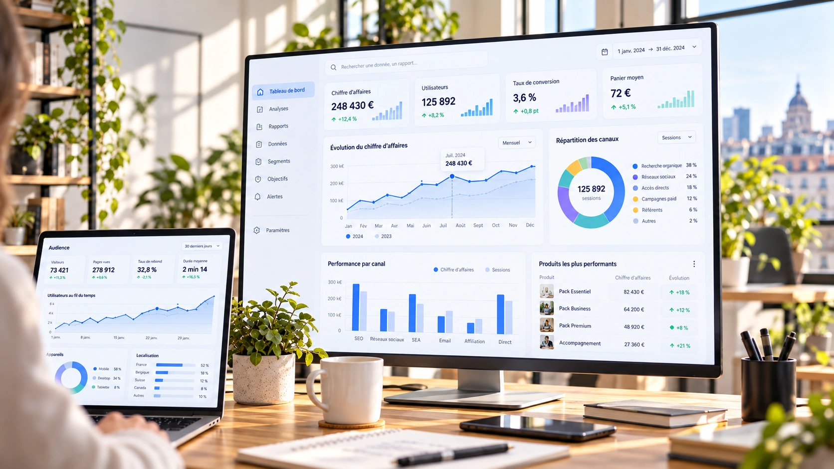 Écrans affichant des tableaux de bord interactifs, des graphiques et des indicateurs de performance dans une agence de data visualisation.