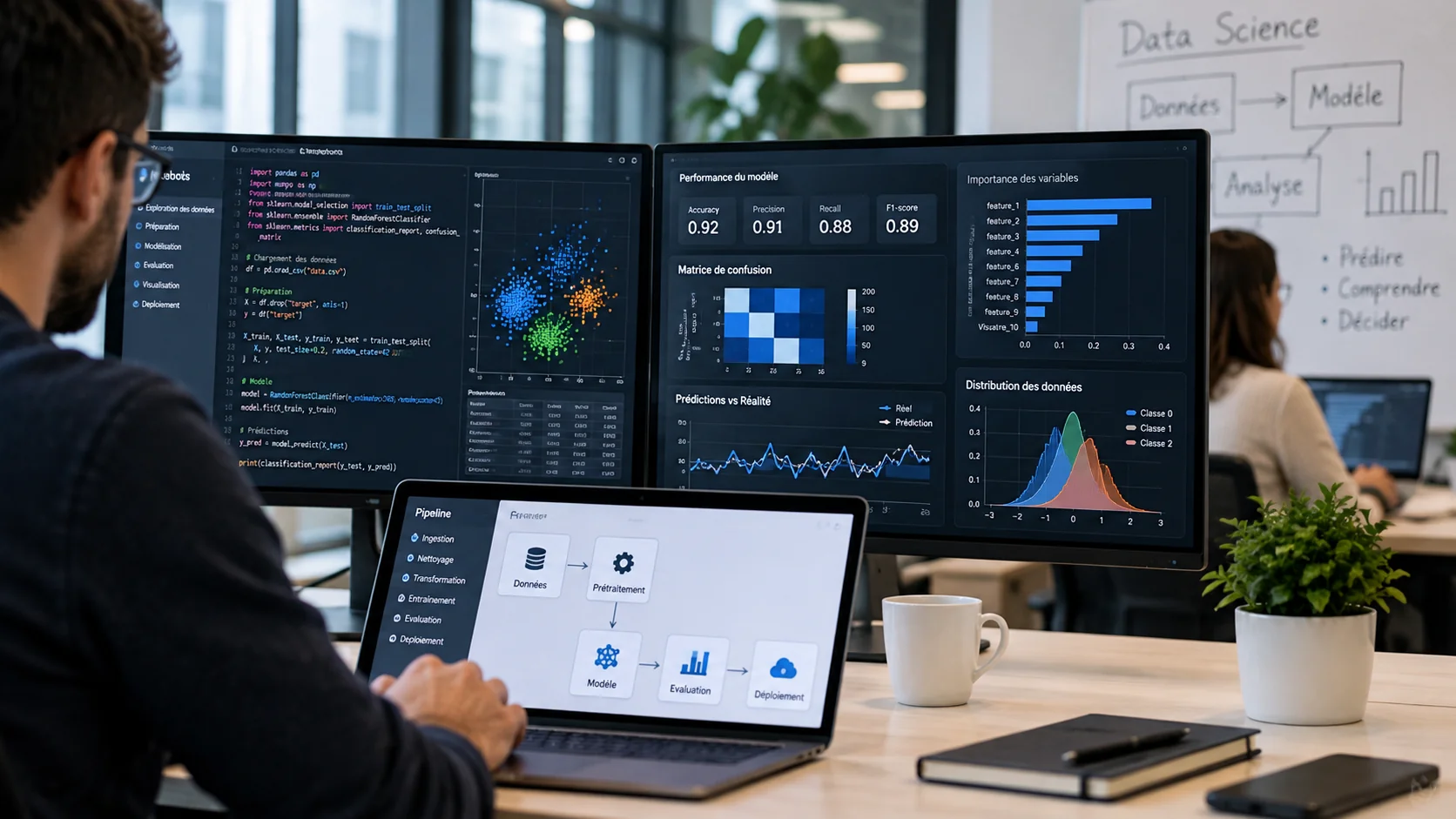 Data scientist travaillant sur des écrans affichant du code Python, des modèles de machine learning et des analyses prédictives.
