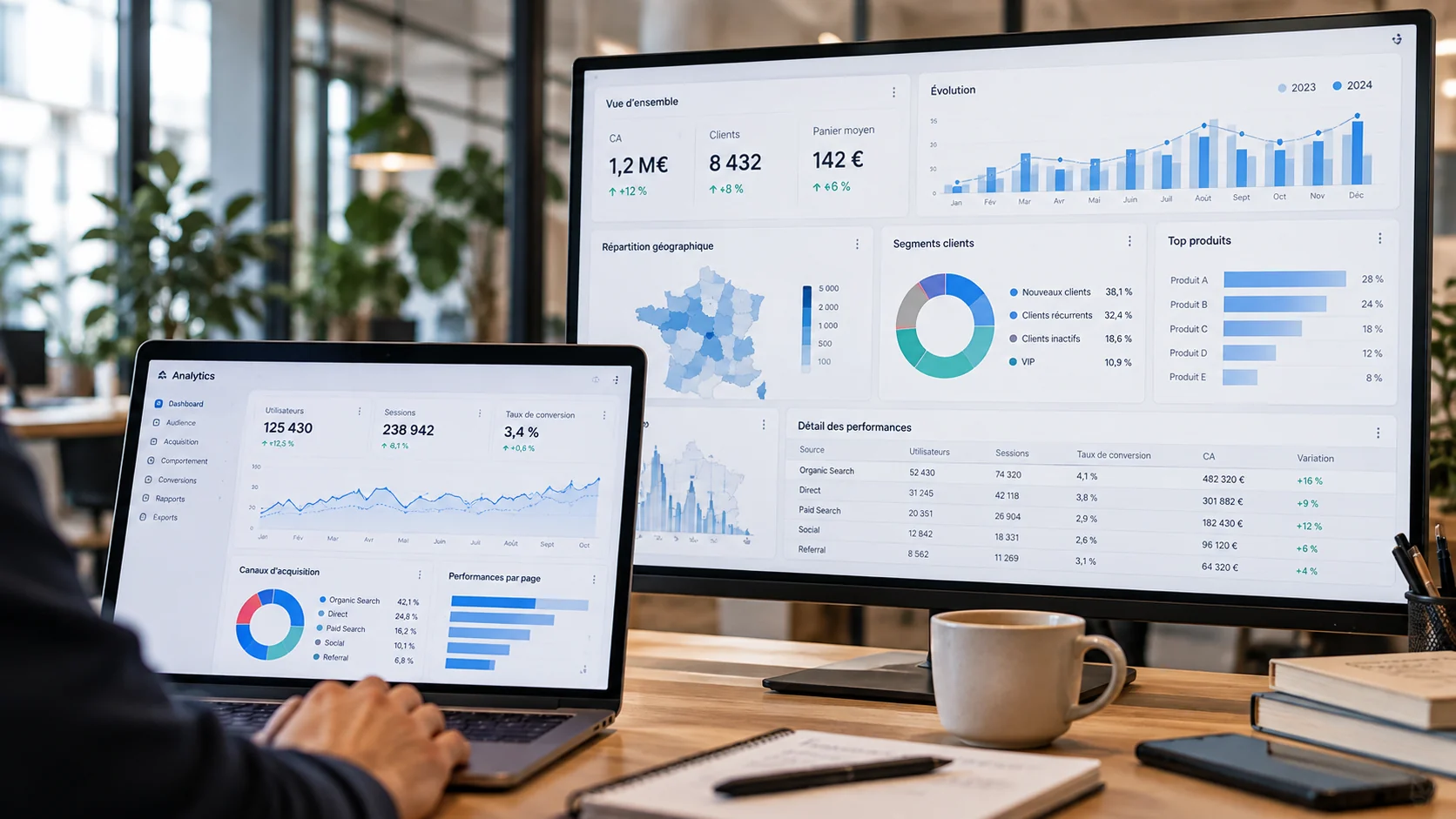 Écrans affichant des tableaux de bord de data analytics, des graphiques de performance et des indicateurs clés pour l'analyse de données.