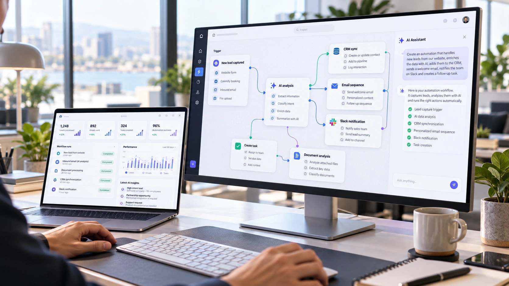 Écran présentant des workflows d'automatisation par intelligence artificielle, avec intégration CRM, emails automatisés et analyse de données.