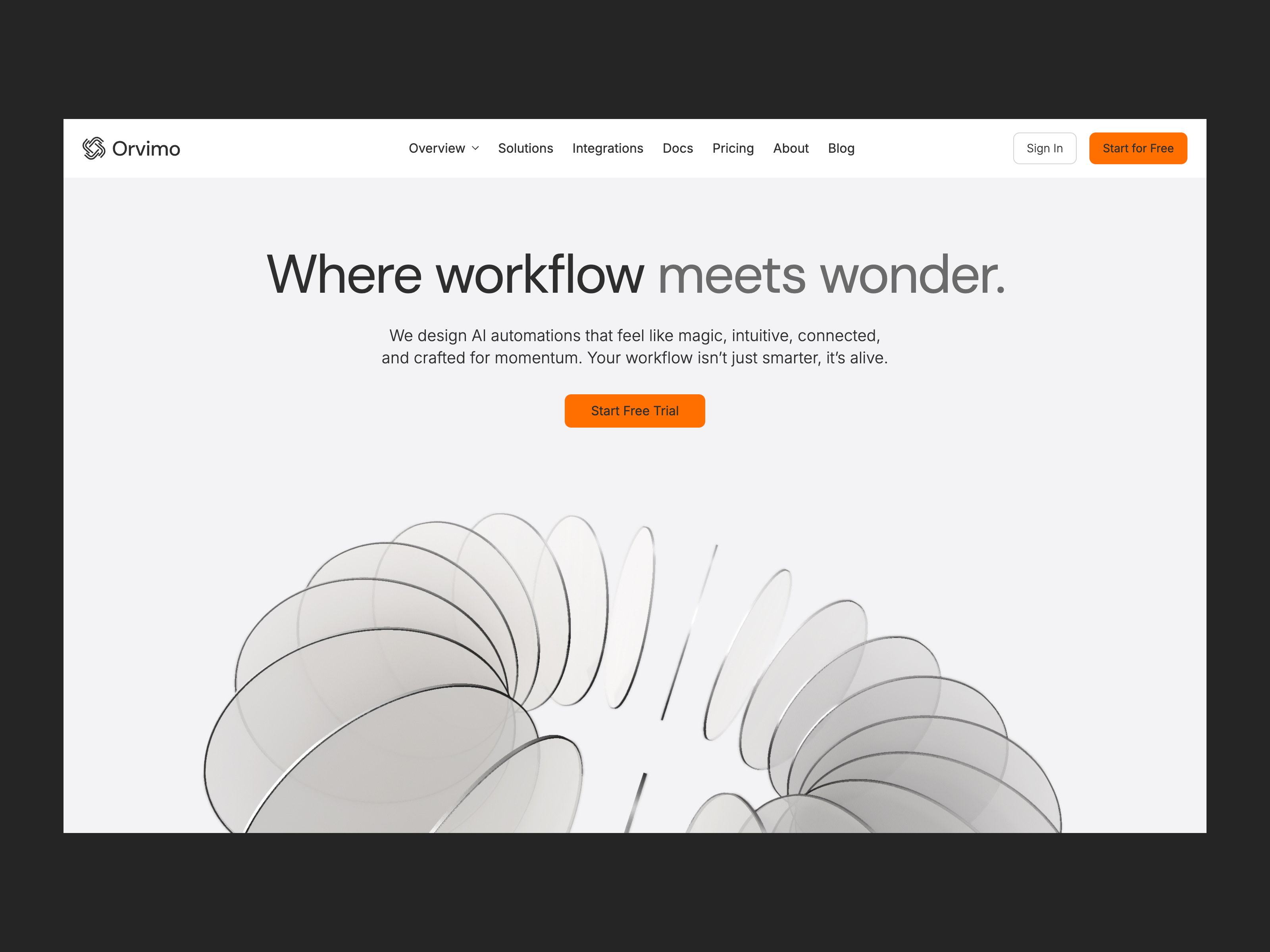 Orvimo Webflow template — light mode homepage with 3D Spline asset