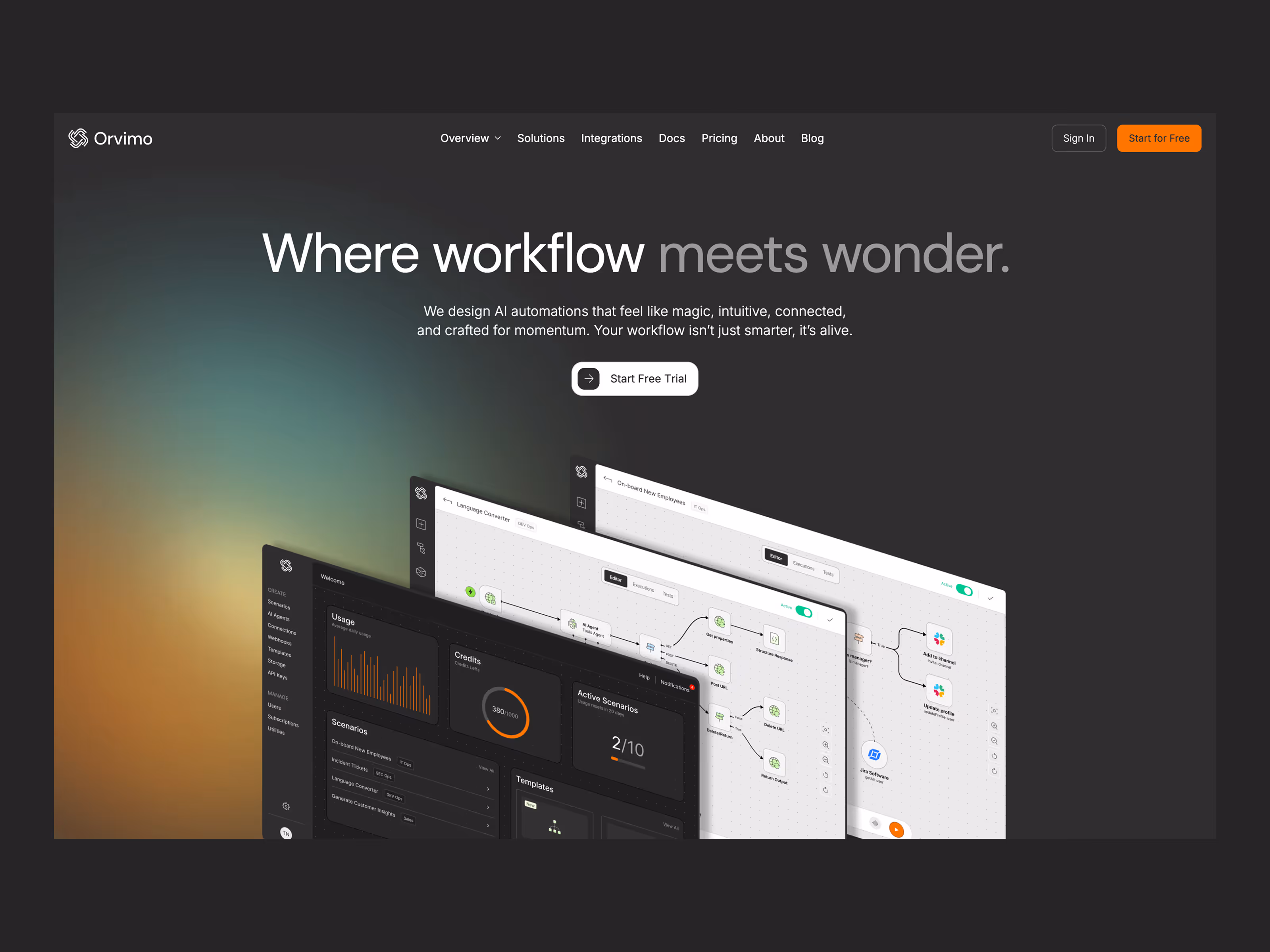 Orvimo Webflow template — dark mode homepage with dashboard preview