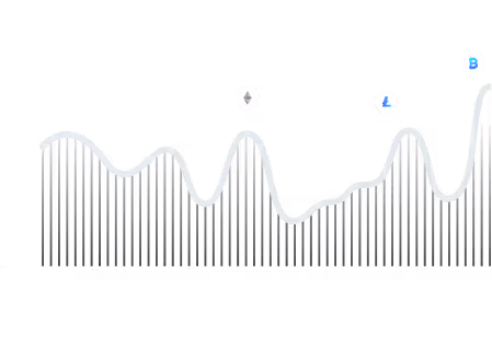 Gráfico de barras com linha de endência representando a evolução do volume de criptoativos como Ethereum, Litecoin e Bitcoin