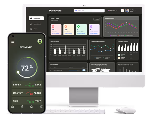 Dashboard de plataforma de trading
exibido em computador e aplicativo móvel com gráficos, indicadores financeiros e informações de desempenho