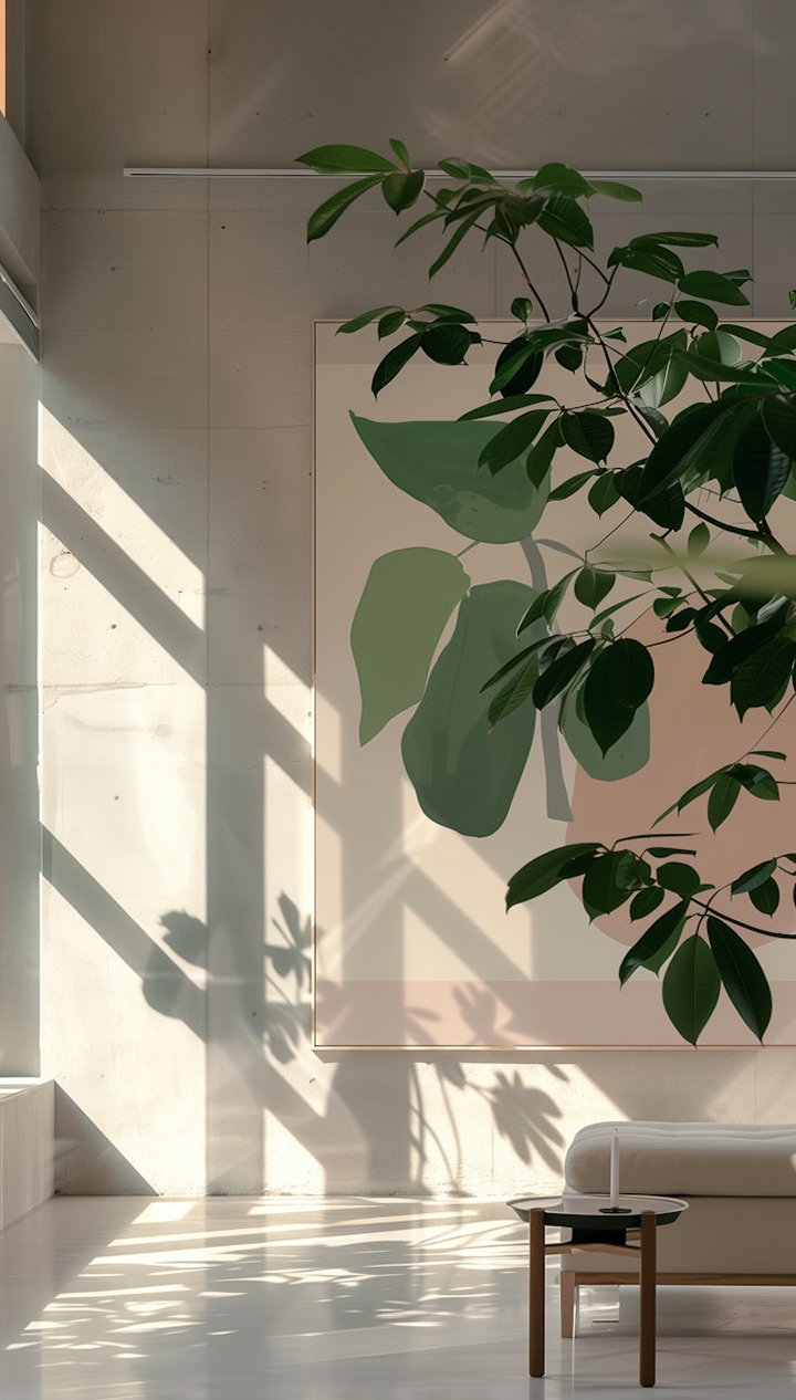 Minimalist living room with light streaming through large windows casting geometric shadows on white walls and floor, a large plant with green leaves partially covering a framed abstract artwork of green leaves, and a modern white sofa with a small wooden side table holding a single candle.