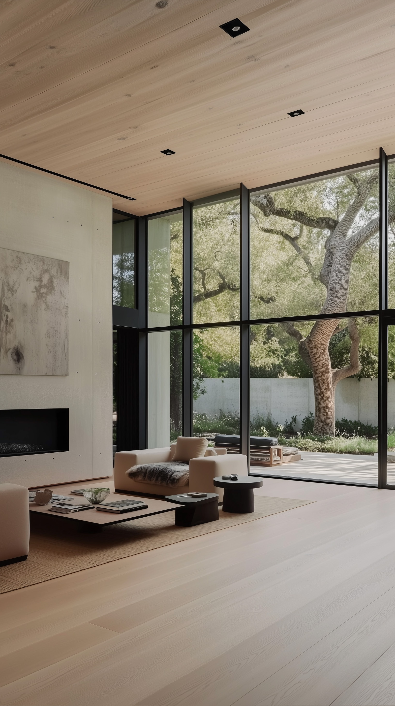 Modern living room with light wood flooring and ceiling, large floor-to-ceiling windows revealing an outdoor space with trees, white armchairs with a fur throw, a low coffee table with books, and two small black side tables.