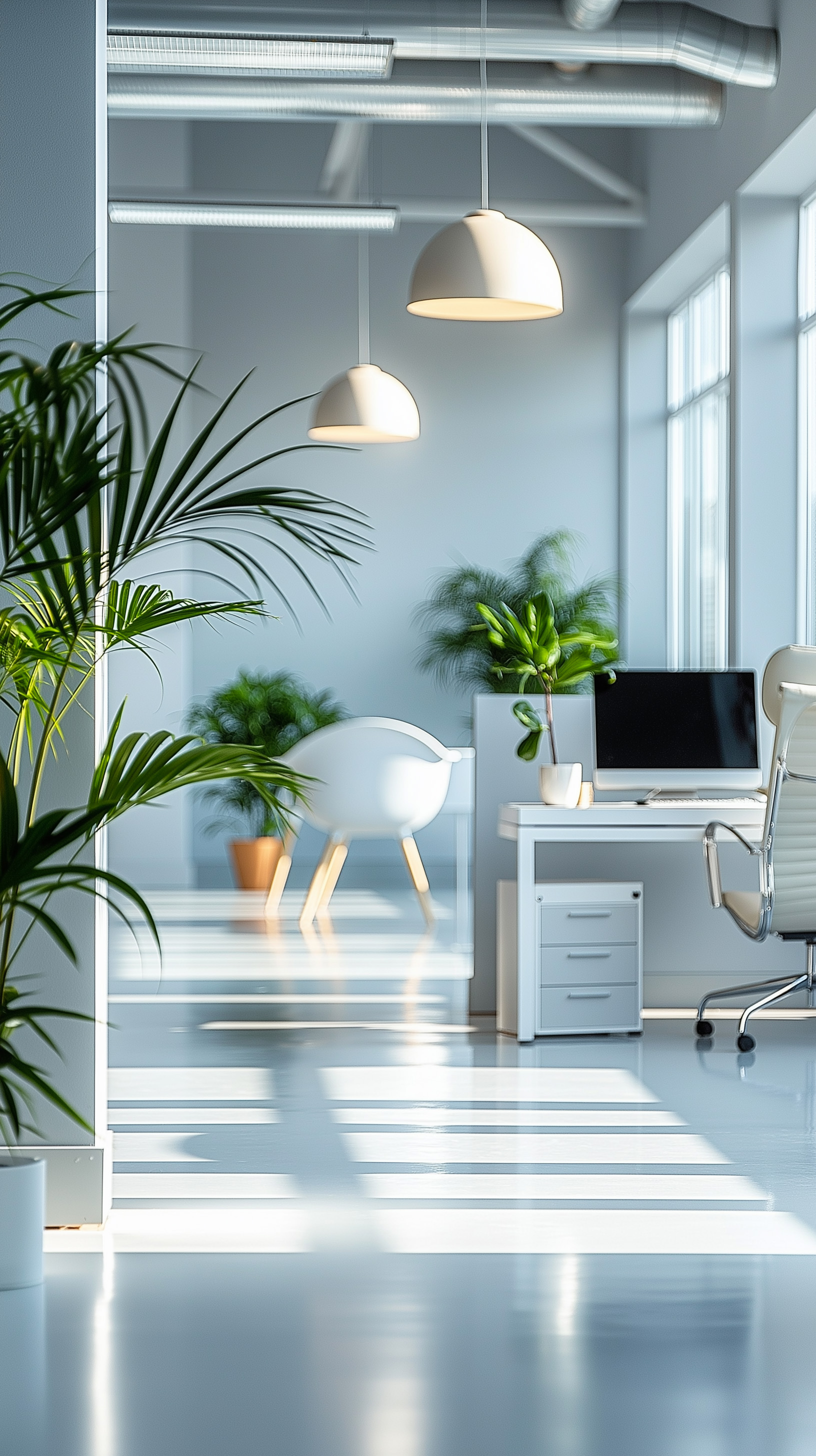 Bright modern office space with white furniture, including a desk with computer and chair, and a white lounge chair in the background near large windows letting in natural light. The room features several green plants and two hanging dome lights, with exposed ventilation pipes on the ceiling.