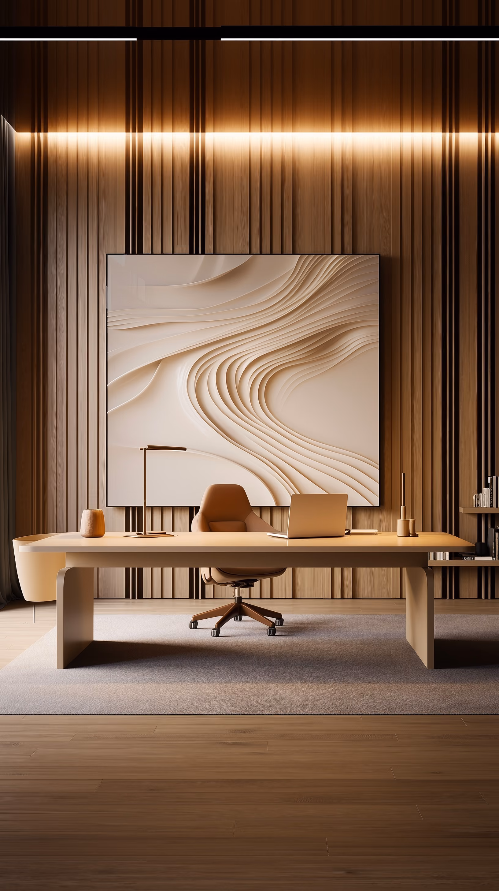 Modern office interior with a minimalist design featuring a large beige desk, a brown swivel chair, a closed laptop, desk lamp, and decorative items. A textured abstract artwork with flowing lines hangs on a wall with vertical wooden panels and warm ambient lighting.