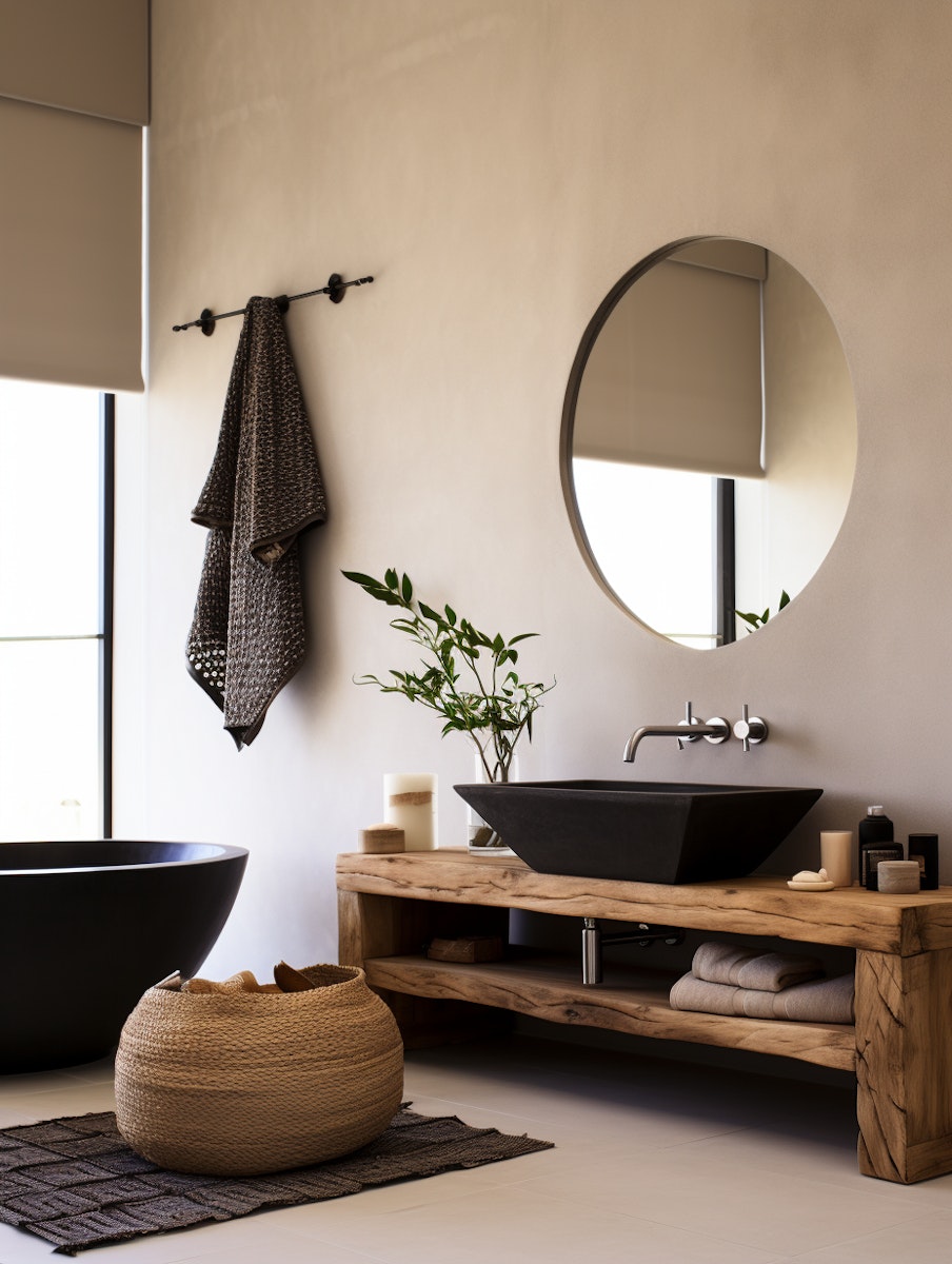 Modern bathroom with black round freestanding tub, woven basket on dark rug, wooden vanity with black rectangular vessel sink, round mirror, green plant, and hanging dark textured towel next to tall window with beige shade.
