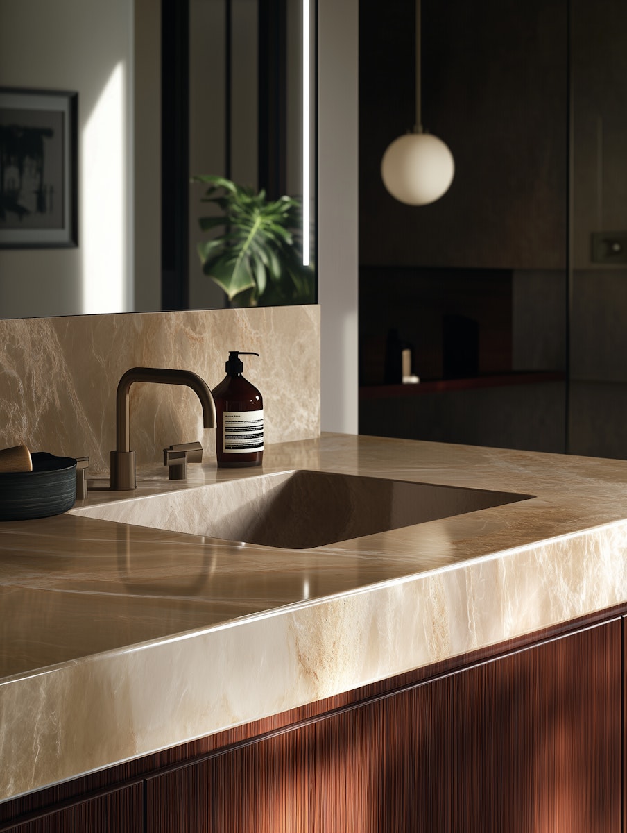 Close-up of a modern bathroom sink with a beige marble countertop and backsplash, a matte bronze faucet, a brown soap dispenser, and a dark wooden cabinet beneath, with a large mirror reflecting a green plant and a hanging spherical light in the background.