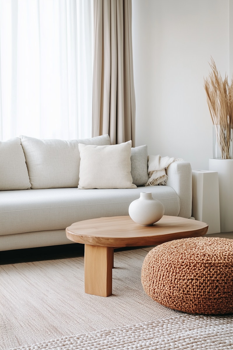 Minimalist living room with a light beige fabric sofa adorned with cushions, a natural wood coffee table holding a small white vase, and a round knitted pouf on a textured rug, with floor-length beige curtains and dried pampas grass in a transparent vase in the background.