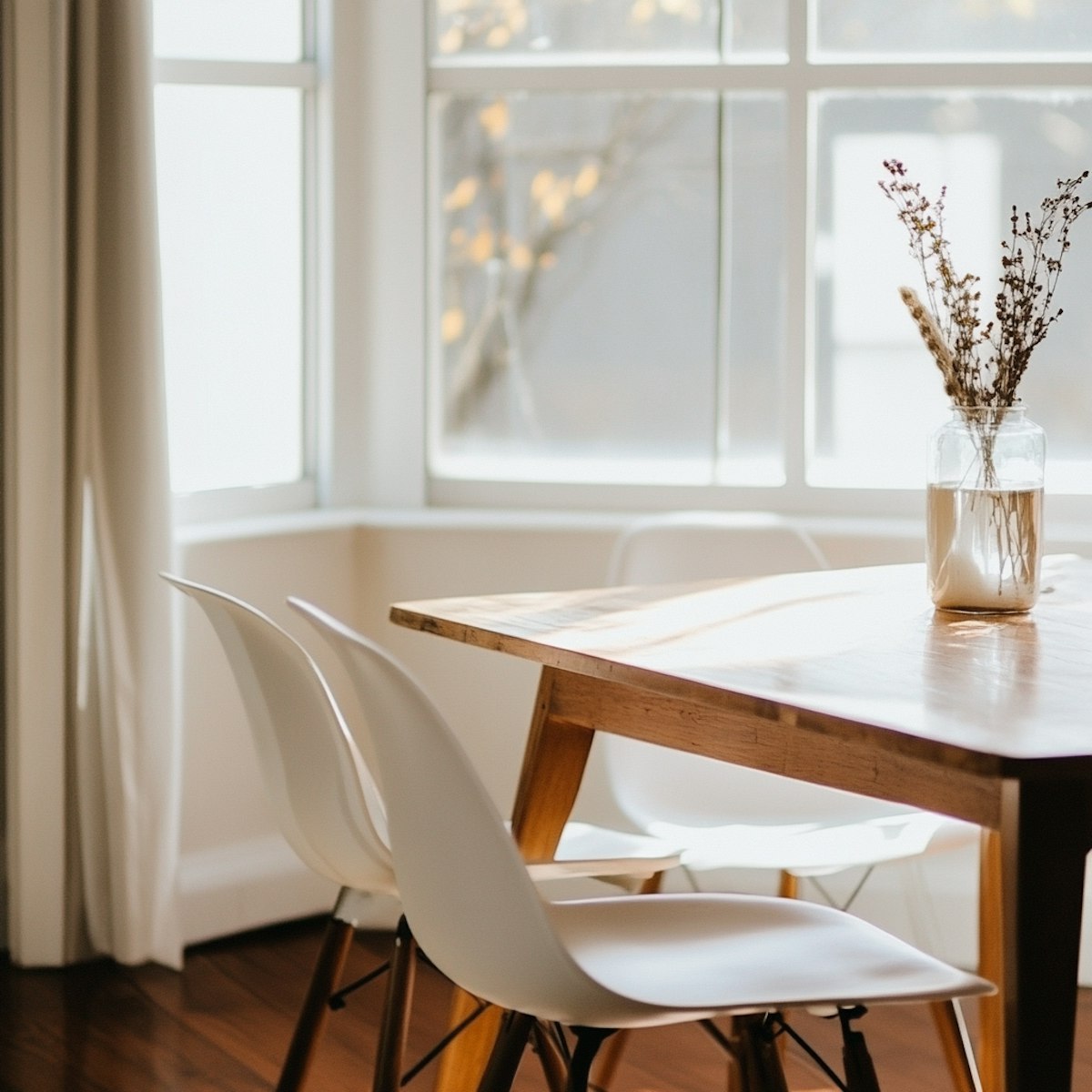 Wooden dining table with a glass jar holding dried flowers on top, surrounded by white modern chairs near bright windows with curtains.