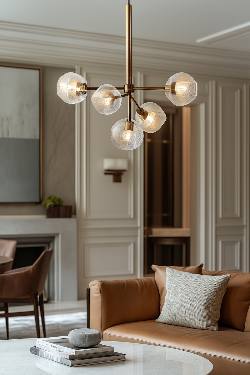 Modern living room with a tan leather sofa with a gray textured pillow, a round marble coffee table with stacked books and a stone paperweight, and a brass chandelier with five textured glass globe lights hanging from the ceiling.