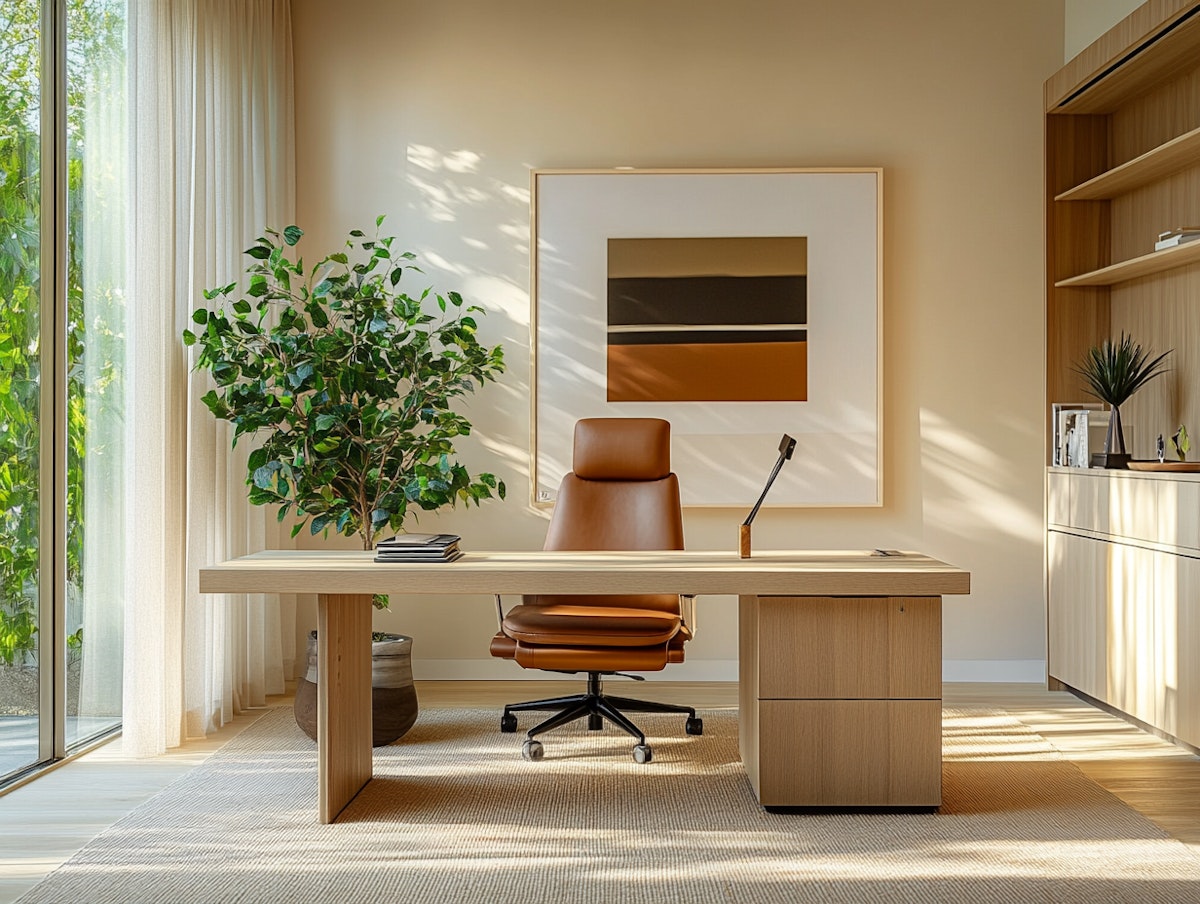 Modern home office with a light wood desk, brown leather swivel chair, large green potted plant on left, minimalist abstract art on beige wall, and built-in wooden shelves with decorative items on right, illuminated by natural sunlight through sheer curtains.