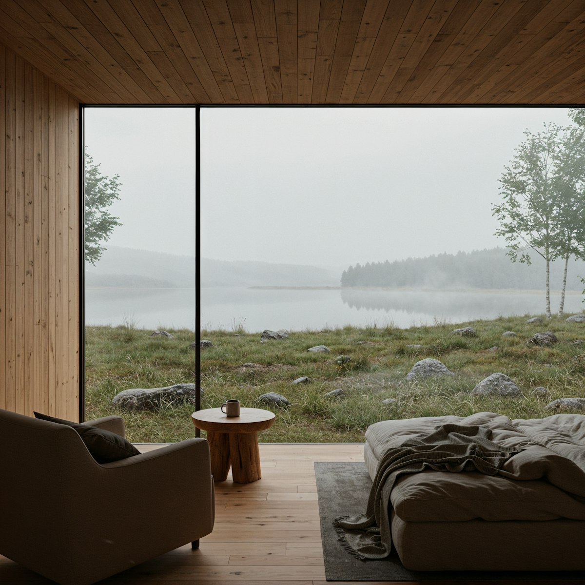 Minimalist lakeside room with wooden walls and ceiling, featuring a large floor-to-ceiling window offering a misty view of a grassy shore with scattered rocks, calm lake water, and distant trees under overcast sky. Inside, a beige armchair with a pillow, a round wooden side table with a mug, and an unmade bed with a blanket on a rug are visible.
