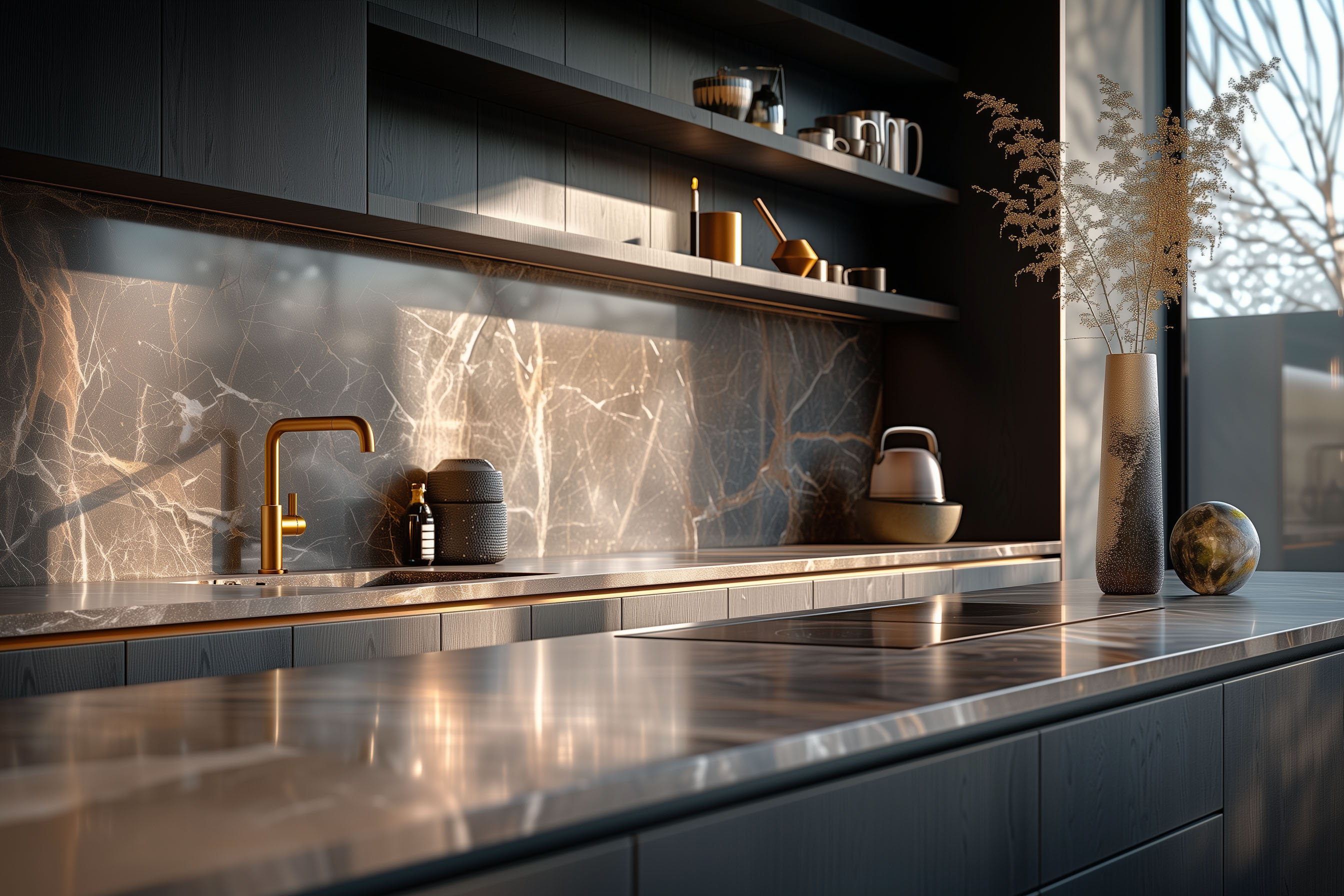 Modern luxury kitchen with sleek dark cabinetry, a marble countertop and backsplash, gold faucet, and decorative items including a tall vase with dried plants and a spherical object on the island.