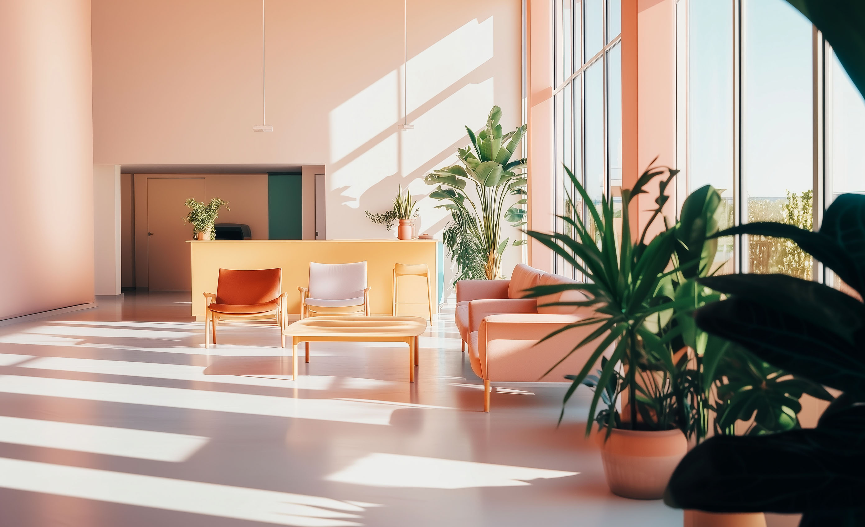 Bright modern office space with large windows casting shadows, featuring pink sofas, wooden chairs, a coffee table, and several potted green plants.