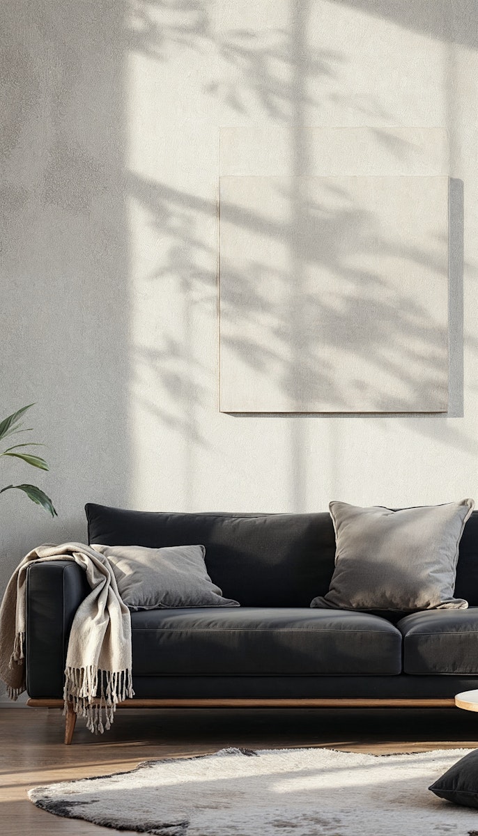 Modern living room with a dark gray sofa featuring two gray cushions and a beige fringed throw on the left armrest, a light wall with abstract art casting shadows, a portion of a plant on the left, and a light-colored rug on a wooden floor.