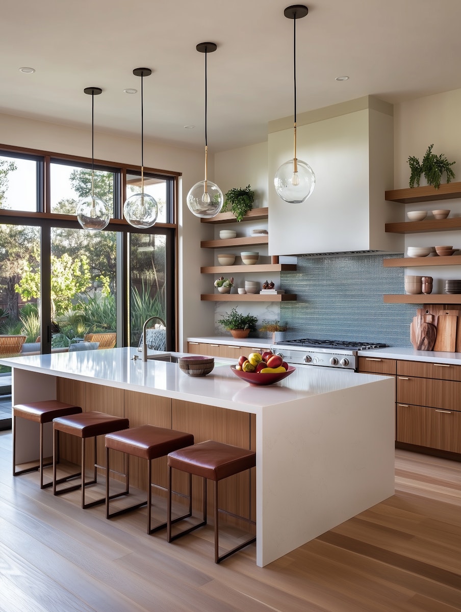 Modern minimalist kitchen with a large white island featuring a built-in sink and four brown leather stools, wooden cabinets, open wooden shelves with bowls and plants, a blue tile backsplash, stainless steel stove, and three glass pendant lights hanging above, next to large windows showing outdoor greenery.