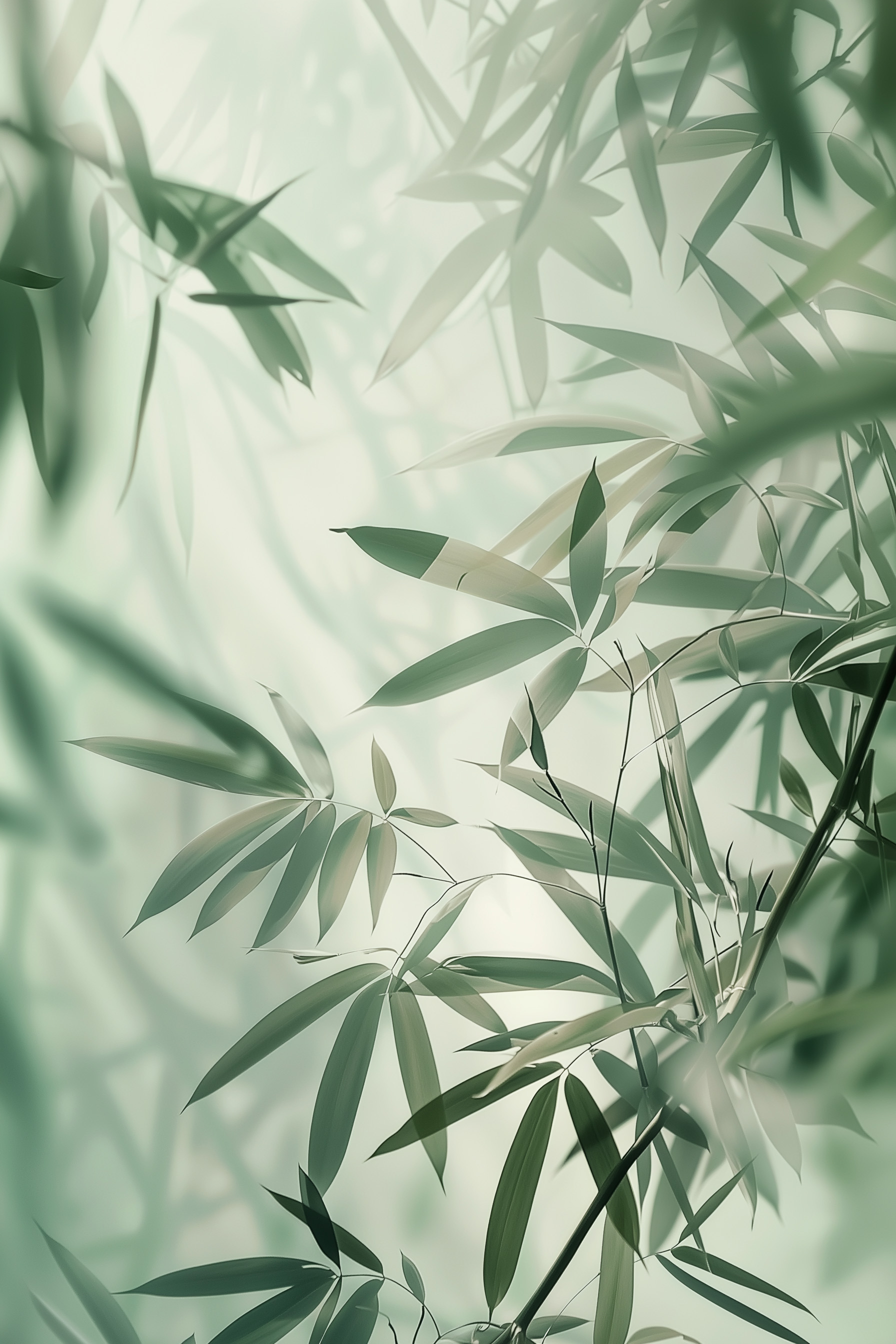 Close-up of delicate green bamboo leaves with soft, diffused light and shadows creating a calm, natural atmosphere.