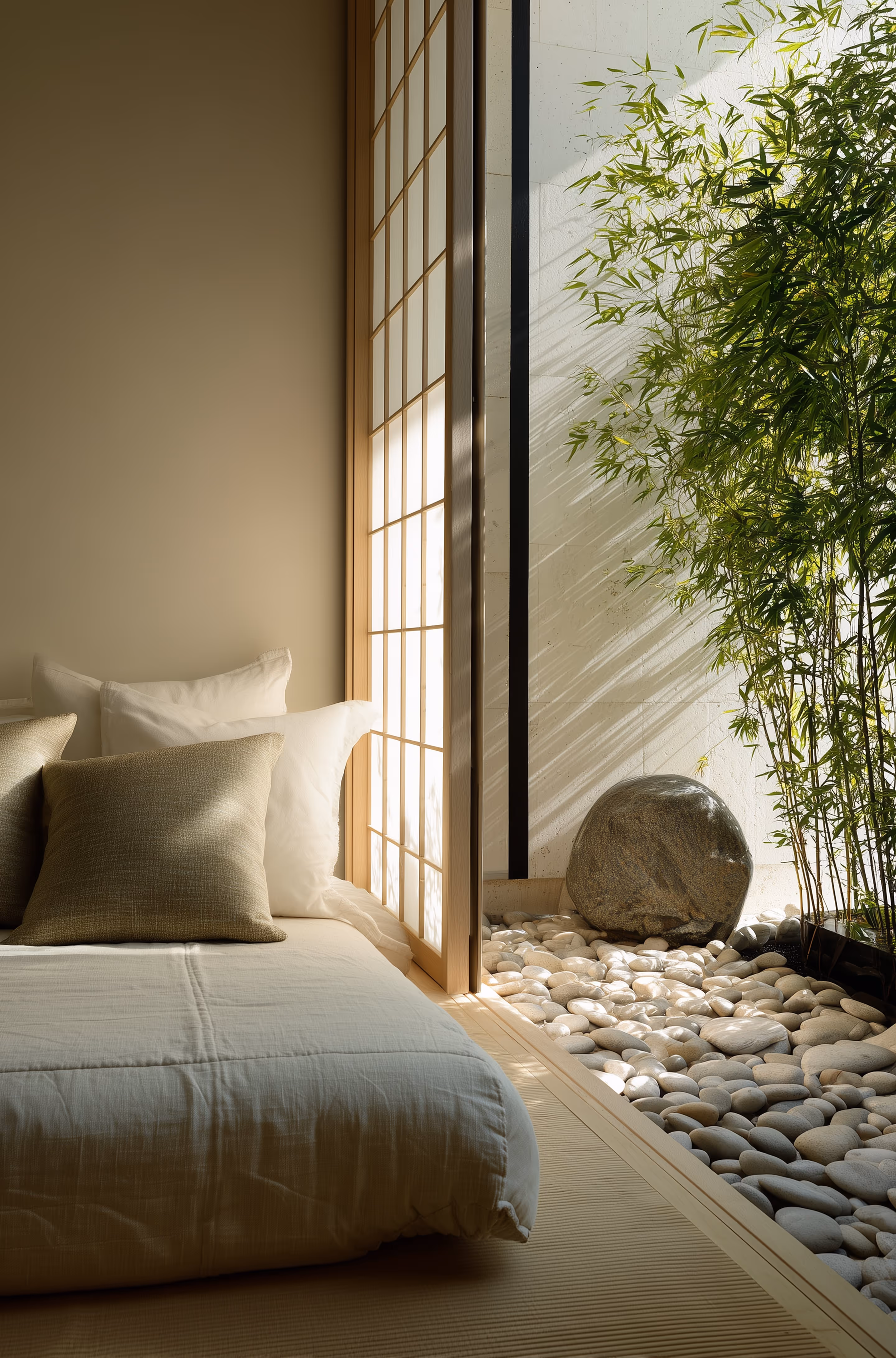 Minimalist bedroom corner with white bedding and pillows next to a wooden-framed shoji screen window overlooking an indoor garden with smooth white pebbles, a large round stone, and green bamboo plants softly lit by natural sunlight.