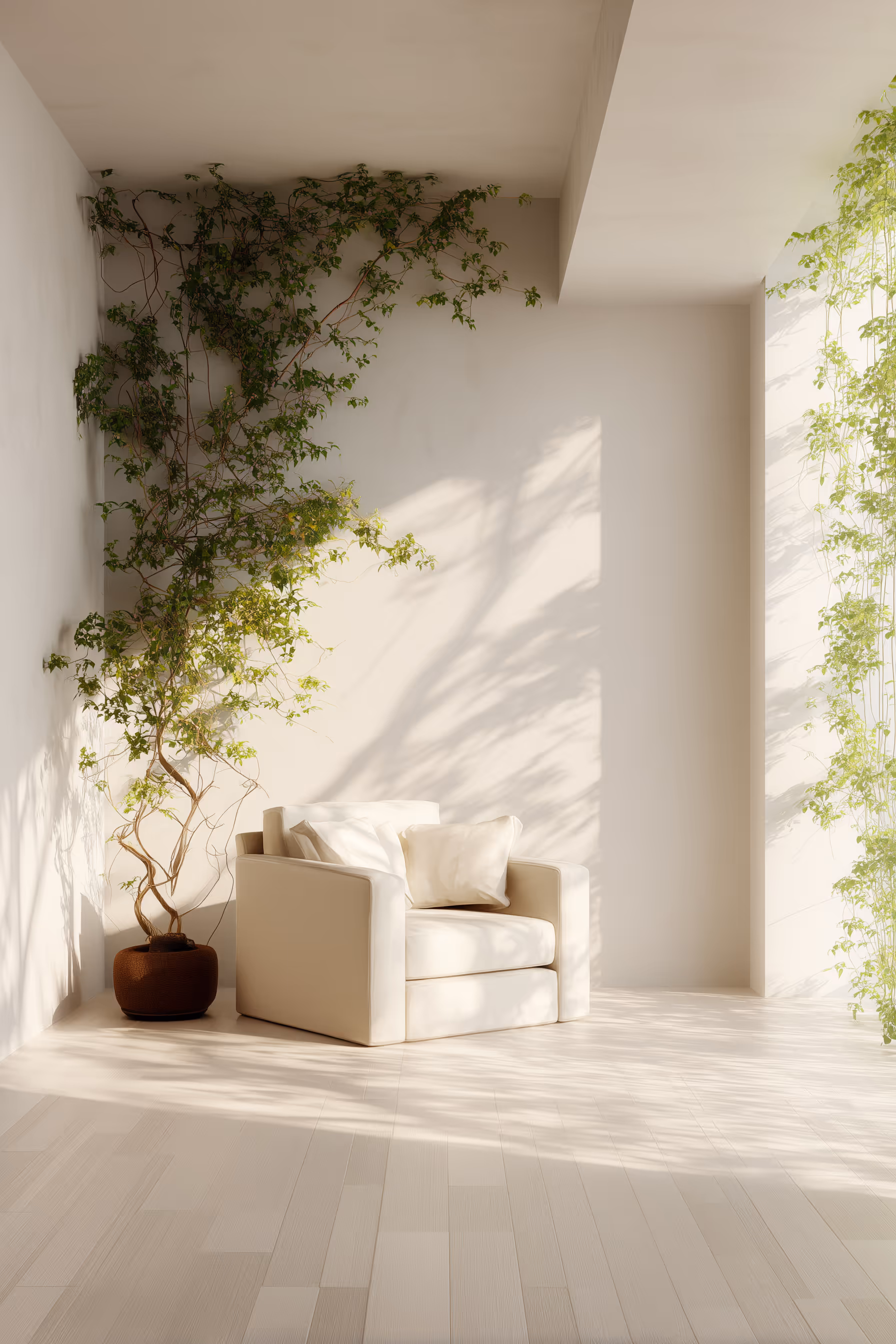 Minimalist room with beige armchair featuring cushions, a potted climbing plant growing on the left wall, and soft natural light casting shadows on the floor and walls.